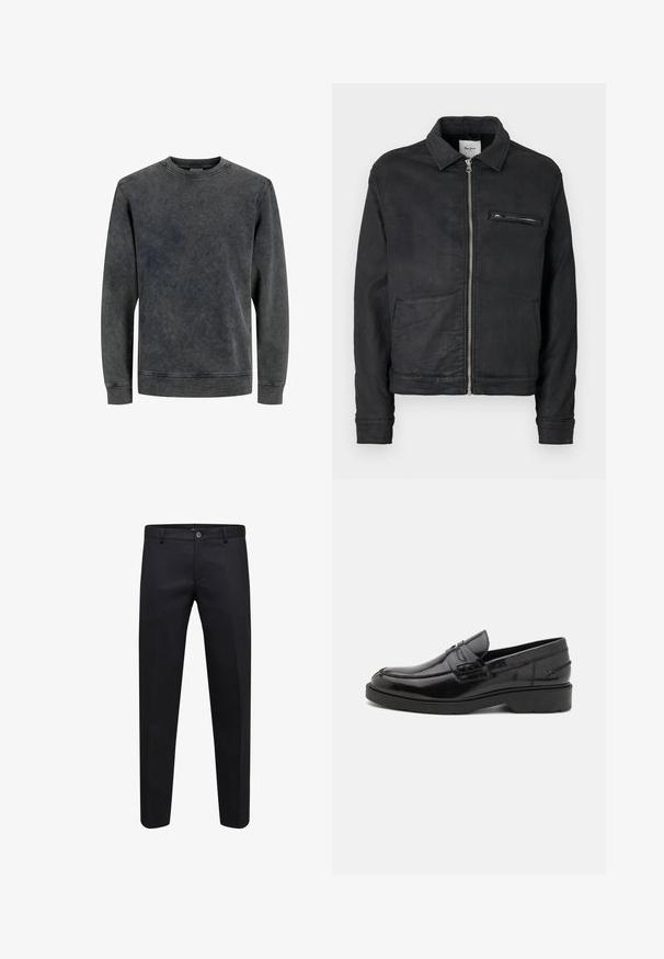Veste noire zippée avec col, manches longues, deux poches avant pour les mains et une poche poitrine zippée.; Sweatshirt gris à col rond avec des manches longues, fabriqué à partir d'un tissu doux et texturé. Il présente un effet délavé et des détails de couture simples.; Pantalon formel noir avec boutonnière et fermeture éclair, coupe droite et passants de ceinture, présenté sur fond blanc.; Mocassins en cuir noir avec une finition lisse, un bout rond, un petit talon et descoutures décoratives à l'avant. Semelle en caoutchouc pour l'adhérence.