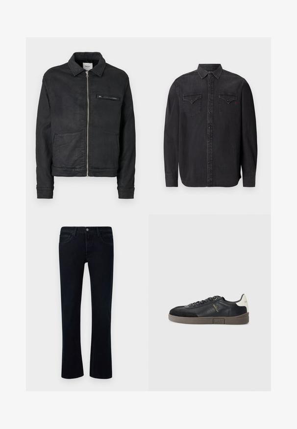 Zwarte jas met rits en kraag, lange mouwen, twee handzakken aan de voorkant en een borstzak met rits.; Zwart denim overhemd met lange mouwen, een klassieke kraag, drukknoopsluitingen, twee borstzakken en een subtiel rood logo-detail.; Zwarte denim jeans met een lichte flare, vijf-pocket ontwerp, riemlussen en een knoopsluiting op een witte achtergrond.; Replay POLYS SCENT - Sneakers laag - black/off white