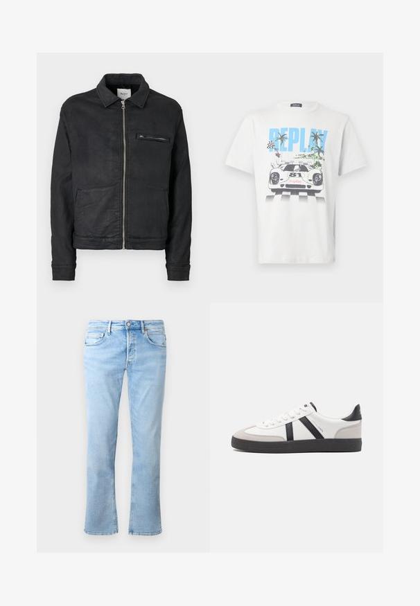 Sort lynlåstrøje med krave, lange ærmer, to forlommer og en lynlåslomme på brystet.; Hvid bomulds-T-shirt med et farverigt motiv af en racerbils, palmer og ternede flag, med "REPLAY" tydeligt vist.; Lyseblå denimjeans har en lige ben-design, fem lomme-styling og en knaplukning. Stoffet har en glat tekstur med falmede accenter.; Hvide sneakers med sorte og grå detaljer, med en tekstureret grå tåhætte, sort gummisål og flade hvide snørebånd. Rent design, minimalistisk stil.