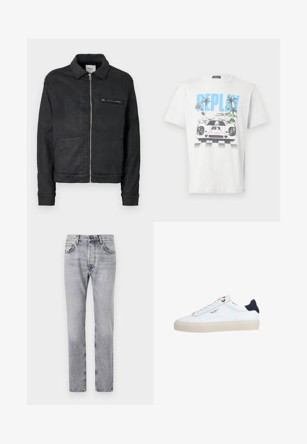 Sort lynlåstrøje med krave, lange ærmer, to forlommer og en lynlåslomme på brystet.; Hvid bomulds-T-shirt med et farverigt motiv af en racerbils, palmer og ternede flag, med "REPLAY" tydeligt vist.; Grå denimjeans har en lige pasform, fem lommer og diskrete falmede detaljer. Metalknap og lynlås lukning foran.; Hvid lavtop-sneaker med beige sål, hvide snørebånd, sort hælkappe og "Pepe Jeans London"-logo på siden.