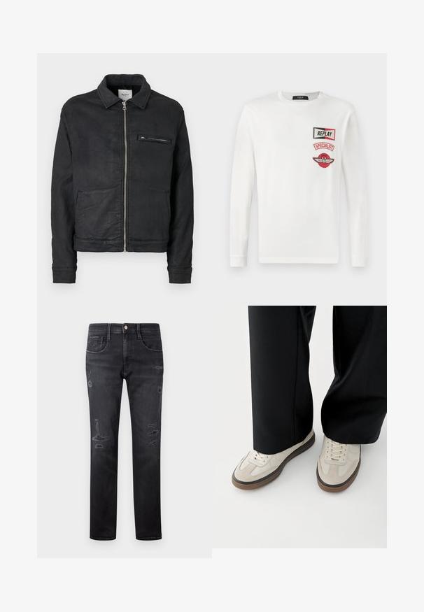 Veste noire zippée avec col, manches longues, deux poches avant pour les mains et une poche poitrine zippée.; Chemise blanche à manches longues avec trois écussons rouge et noir sur la poitrine gauche : "REPLAY," "SPECIALIST," et un logo en forme de V ailé.; Jeans en denim noir à coupe droite, avec des patchs déchirés, cinq poches, un petit bouton en métal et des passants de ceinture à la taille.; Pieds portant des baskets beige avec des semelles marron et un pantalon noir à jambes larges sur fond blanc.