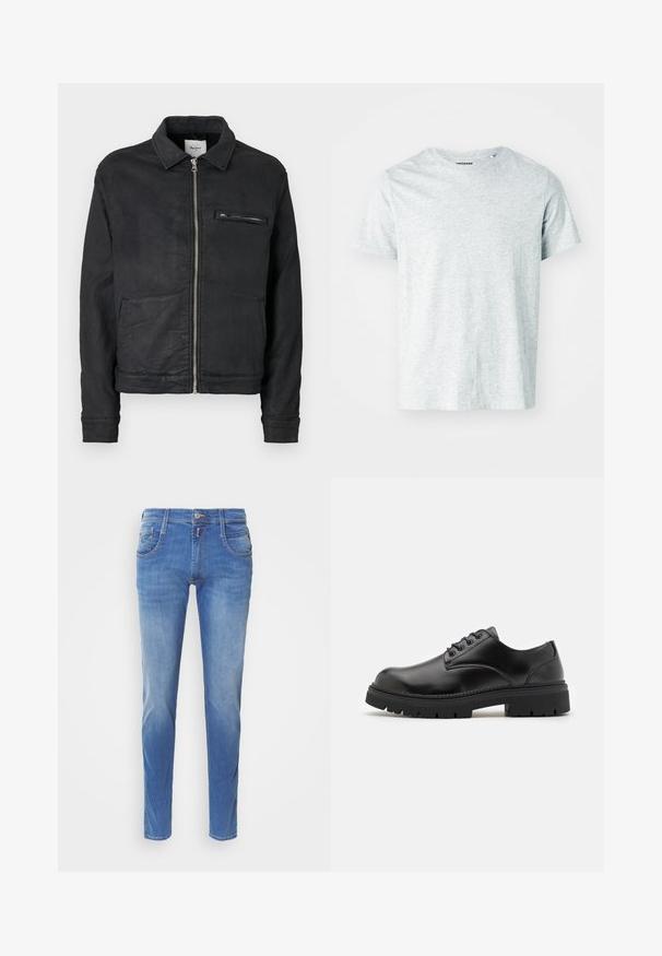 Sort lynlåstrøje med krave, lange ærmer, to forlommer og en lynlåslomme på brystet.; Lys grå, kortærmet t-shirt lavet af blødt stof, med en rund hals og en let afslappet pasform. Ingen synlige mønstre eller grafik.; Blå denimjeans med slim fit. Har fem lommer, lukning med knap foran og let falming på benene. Lige benudskæring.; Sorte lædersko med rund tå, snørelukning og en tykk, struktureret gummisål. Har syninger langs kanten og en glat overflade.