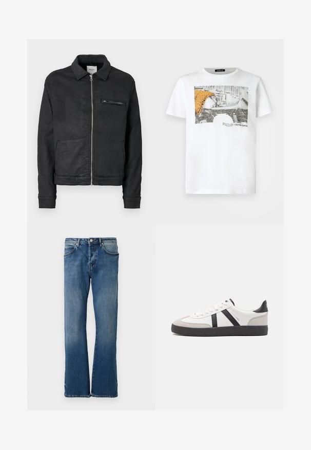 Sort lynlåstrøje med krave, lange ærmer, to forlommer og en lynlåslomme på brystet.; Hvid T-shirt med korte ærmer med sort-hvidt motorcykelmotiv, orange leopardmønstret stof og teksten "Replay Custom Garage" på forsiden.; Lyseblå denimjeans med lige ben-design, der har fem lommer, en knap-lukning og diskret falmning på stoffet.; Hvide sneakers med sorte og grå detaljer, med en tekstureret grå tåhætte, sort gummisål og flade hvide snørebånd. Rent design, minimalistisk stil.