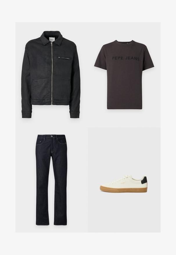 Chaqueta negra con cremallera, cuello, mangas largas, dos bolsillos frontales para las manos y un bolsillo en el pecho con cremallera.; Camiseta de algodón de color gris oscuro, con mangas cortas y cuello redondo. "PEPE JEANS" está grabado en negro en la parte delantera.; Jeans de mezclilla azul oscuro con un diseño de pierna recta, que cuentan con un estilo estándar de cinco bolsillos y costuras en contraste con un cierre de botón.; Zapatilla de lona blanca con suela de goma, acento negro en el talón, punta redonda y diseño con cordones. Presenta el logo de la marca en dorado en el lateral.
