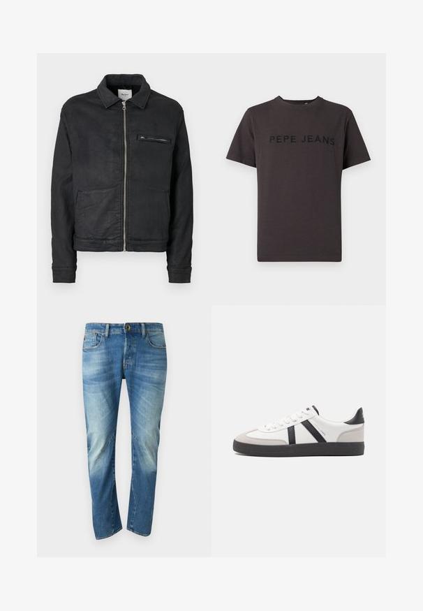 Sort lynlåstrøje med krave, lange ærmer, to forlommer og en lynlåslomme på brystet.; Mørkegrå t-shirt lavet af bomuld med korte ærmer og rund halsudskæring. "PEPE JEANS" er præget i sort på forsiden.; Blå, falmede straight-leg denim jeans med fem lommer, knaplukning og synlige sømdetaljer på forsiden.; Hvide sneakers med sorte og grå detaljer, med en tekstureret grå tåhætte, sort gummisål og flade hvide snørebånd. Rent design, minimalistisk stil.