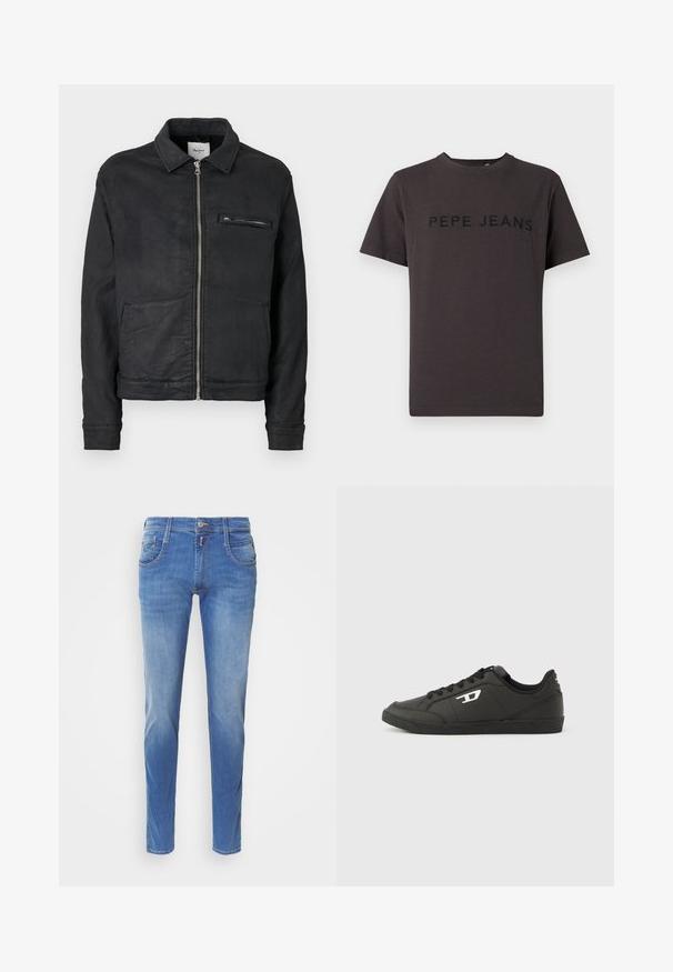 Sort lynlåstrøje med krave, lange ærmer, to forlommer og en lynlåslomme på brystet.; Mørkegrå t-shirt lavet af bomuld med korte ærmer og rund halsudskæring. "PEPE JEANS" er præget i sort på forsiden.; Blå denimjeans med slim fit. Har fem lommer, lukning med knap foran og let falming på benene. Lige benudskæring.; Sorte syntetiske sneakers med en struktureret sort sål, rund tå og flade sorte snørebånd. Fremtrædende hvidt logo på ydersiden.
