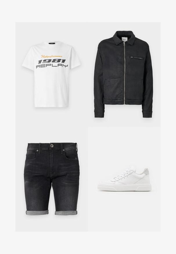 Schwarze Jacke mit Reißverschluss, Kragen, langen Ärmeln, zwei vorderen Einschubtaschen und einer Reißverschlusstasche auf der Brust.; Replay SHORT SLEEVE GRAPHIC - T-Shirt print - natural white; Schwarze Jeansshorts mit einer figurnahen Passform, umgeschlagenen Säumen und einem klassischen Bund, der einen Frontknopfverschluss und Seitentaschen aufweist.; Weiße Leder-Sneaker mit glatter Oberfläche, rundem Zehenbereich, flachen Schnürsenkeln und strukturiertem Schuhsohlen. Graues Wildleder-Detail an der Ferse.