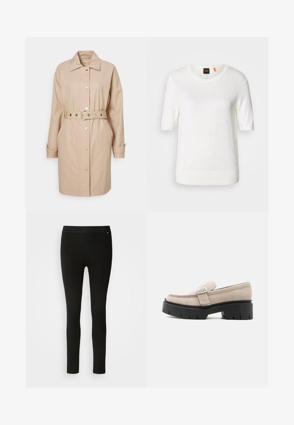 Beige trenchcoat lavet af bomuldsblanding, med en bælte liv, knaplukning foran og to sidelommer. Klassisk krave og lange ærmer.; Hvid kortærmet strik-top med rund halsudskæring, ribkant og blød tekstur. Logomærke med orange detalje ved kraven.; Sorte leggings med en glat tekstur, featuring en fleksibel talje og diskret sømdetalje. Ingen mønstre eller hardware er til stede.; Beige ruskindslipper med sølvspænde og tyk sort kraftig sål, set fra siden på hvid baggrund.