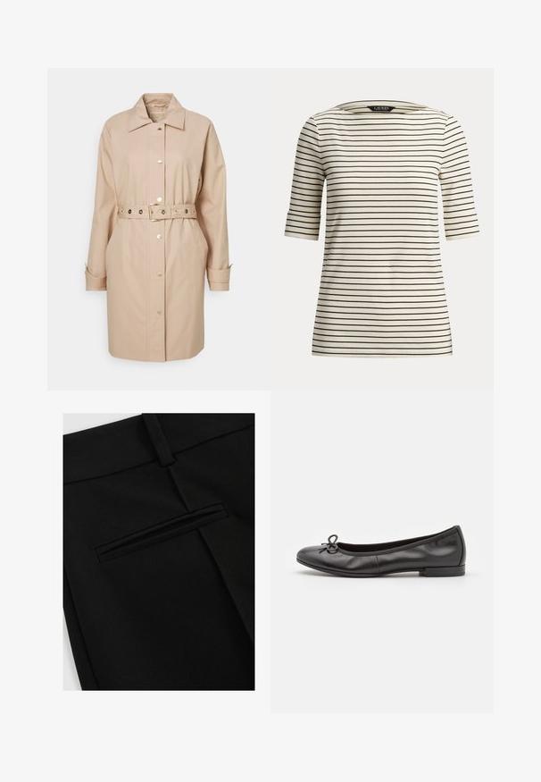 Trench-coat beige en mélange de coton, avec une taille cintrée par une ceinture, un devant à boutons et deux poches latérales. Col classique et manches longues.; Chemise blanche à manches courtes avec de fines rayures horizontales noires et un large col rond.; Pantalon noir en tissu lisse, avec une coupe à plat à l'avant et une poche arrière unique avec une ouverture fendue.; Ballerines en cuir noir avec un bout rond, un petit nœud décoratif sur le devant et un petit talon rectangulaire. Texture lisse.