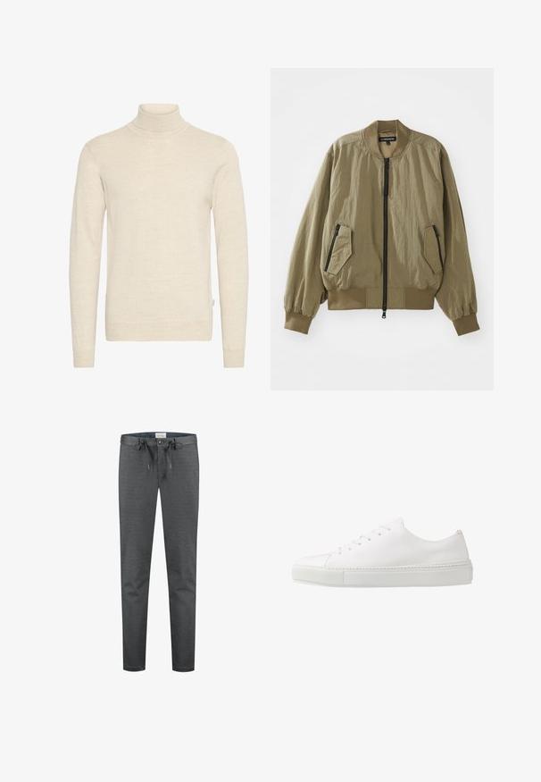 Ελαιοπράσινο bomber jacket φτιαγμένο από ελαφρύ ύφασμα, με φερμουάρ μπροστά, ριμπ μανσέτες και δύο γωνιακές τσέπες με φερμουάρ στο μπροστινό μέρος.; Μπεζ ζιβάγκο πουλόβερ φτιαγμένο από μαλακό πλεκτό ύφασμα. Διαθέτει μακριά μανίκια και εφαρμοστό σχέδιο, με ριμπέ περι neckline και μανσέτες.; Γκρίζες, ελαστικές παντελόνες με απαλό υφή, με κορδόνι στη μέση και κουμπί κλεισίματος. Διαθέτουν λεπτή εφαρμογή και ελάχιστες ορατές ραφές.; Λευκό δερμάτινο sneaker με λεία επιφάνεια, στρογγυλή μύτη και έξι οπές για κορδόνια. Διαθέτει υφασμένη σόλα από καουτσούκ και μινιμαλιστικό σχέδιο.