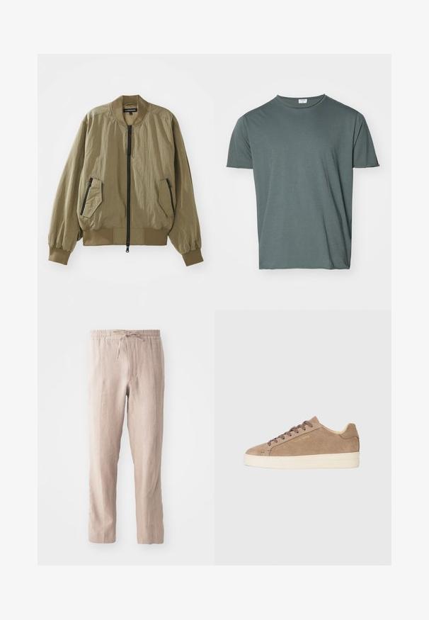 Ελαιοπράσινο bomber jacket φτιαγμένο από ελαφρύ ύφασμα, με φερμουάρ μπροστά, ριμπ μανσέτες και δύο γωνιακές τσέπες με φερμουάρ στο μπροστινό μέρος.; Σκούρο πράσινο μπλουζάκι με λαιμόκοψη, κοντά μανίκια, μαλακό ύφασμα, χαλαρή εφαρμογή, λεία υφή, χωρίς εμφανή σχέδια ή αξεσουάρ.; Μπεζ λινές παντελόνες με ελαστική μέση και κορδόνι. Σχέδιο με ίσια πόδια, με μαλακή υφή και μινιμαλιστικό στυλ.; Μπεζ σουέτ αθλητικά παπούτσια με στρογγυλή μύτη, κρεμ καουτσούκ σόλα και καφέ κορδόνια. Διαθέτουν ανάγλυφο λογότυπο της μάρκας στο πλάι και υφασμάτινη υφή.