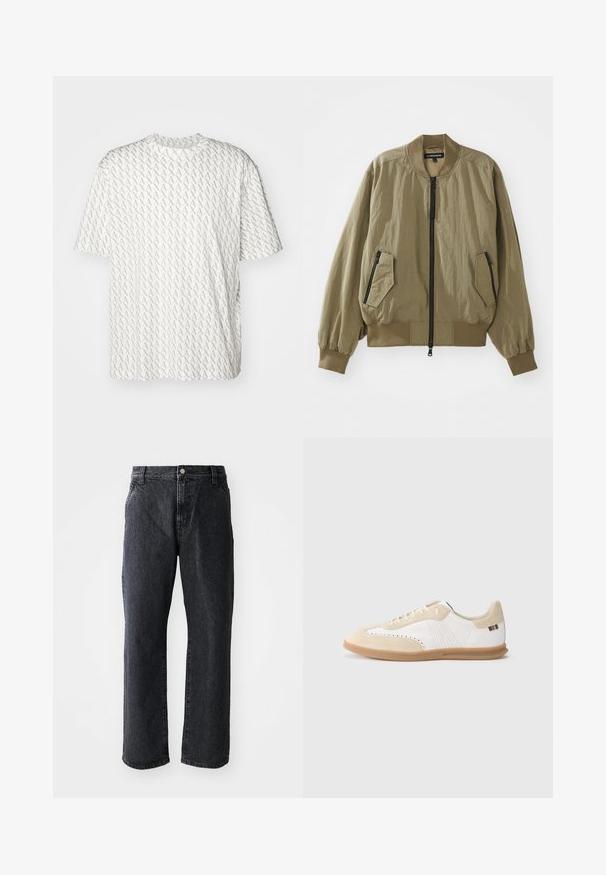 Ελαιοπράσινο bomber jacket φτιαγμένο από ελαφρύ ύφασμα, με φερμουάρ μπροστά, ριμπ μανσέτες και δύο γωνιακές τσέπες με φερμουάρ στο μπροστινό μέρος.; Λευκό μπλουζάκι με επαναλαμβανόμενο γκρι μοτίβο "A", κοντά μανίκια, στρογγυλή λαιμόκοψη και άνετη εφαρμογή. Φτιαγμένο από μαλακό ύφασμα.; Μαύρα τζιν παντελόνια με ίσια γραμμή, με κλείσιμο κουμπί, πέντε τσέπες και διακριτή υφή. Κλασικός σχεδιασμός χωρίς έντονα μοτίβα.; Λευκό αθλητικό παπούτσι με ελαφρώς μπεζ σουέντ λεπτομέρειες, διάτρητο σχέδιο, επίπεδα κορδόνια και σόλα από καουτσούκ τύπου γκάμ. Διαθέτει ριγέ σήμανση στη φτέρνα.