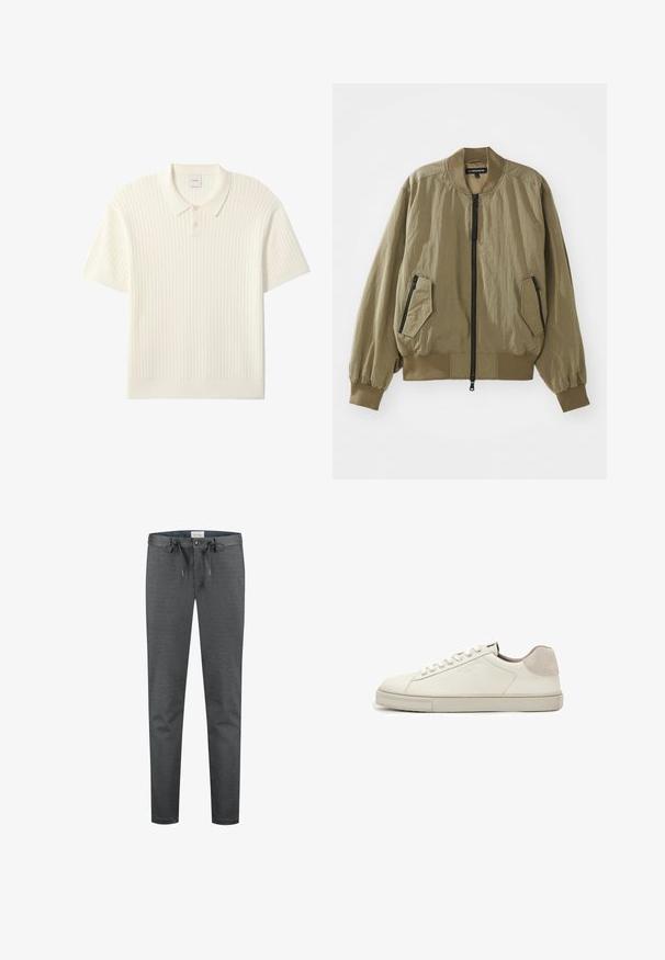 Ελαιοπράσινο bomber jacket φτιαγμένο από ελαφρύ ύφασμα, με φερμουάρ μπροστά, ριμπ μανσέτες και δύο γωνιακές τσέπες με φερμουάρ στο μπροστινό μέρος.; Λευκό κοντομάνικο ριμπ πλεκτό πόλο με δύο κουμπιά και επίπεδη γιακά, τοποθετημένο επίπεδα σε λευκό φόντο.; Γκρίζες, ελαστικές παντελόνες με απαλό υφή, με κορδόνι στη μέση και κουμπί κλεισίματος. Διαθέτουν λεπτή εφαρμογή και ελάχιστες ορατές ραφές.; Λευκό δερμάτινο sneaker χαμηλής κοπής με λευκά κορδόνια, ελαφρώς υφασμένο πέλμα και ανοιχτό γκρι σουέντ τακούνι, πλευρική όψη.