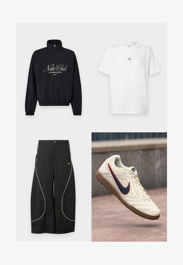 Čierny pulóver s dlhým rukávom a štvrťovým zipsom, elastické manžety a lem, s nápisom "Nike Club International" a logom Nike swoosh v béžovej farbe.; Biele bavlnené tričko s okrúhlym výstrihom a krátkymi rukávmi. Na hrudi má malý hnedo-biely logotyp.; Čierne nohavice Nike s širokými nohavicami, neónovo zeleným zakriveným lemovaním a malým logom Nike Swoosh na pravej stehne, zapínanie na gombík a zips v páse.; Biele tenisky Nike so modro-červeným Swooshom, textúrovaným koženým telom, šnurovacím dizajnom a gumenou podrážkou.