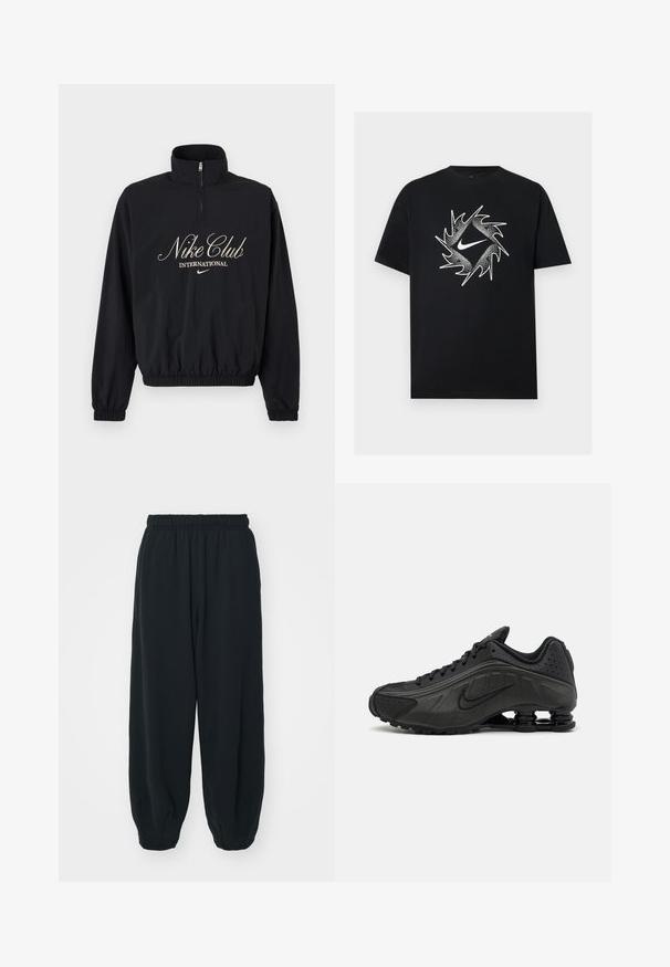 Čierny pulóver s dlhým rukávom a štvrťovým zipsom, elastické manžety a lem, s nápisom "Nike Club International" a logom Nike swoosh v béžovej farbe.; Čierne tričko s krátkym rukávom s bielym Nike logom v strede, obklopené dynamickým ostnatým kruhovým vzorom.; Čierne tepláky s elastickým pásom, vo voľnom strihu, s manžetami na členkoch, hladkej textúry a bez viditeľných vzorov alebo kovových doplnkov.; Čierne bežecké topánky s hladkým syntetickým zvrškom, perforovanými akcentmi, textúrovanými bočnými panelmi a výraznou pružnou podrážkou.