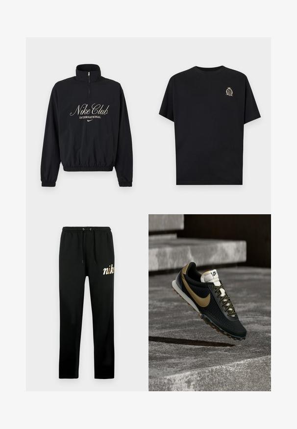 Sort langærmet pullover med kvartlynlås, elastiske ærmegab og kant, med teksten "Nike Club International" og Nike swoosh-logo i beige.; Sort T-shirt med korte ærmer med lille beige skjoldlogo på venstre bryst, der indeholder ordet "NIKE" i et laurbær- og krondesign.; Sorte joggingbukser lavet af blødt stof, med elastisk talje med snore, tilspidsede ben og et gyldent broderet "nike"-logo.; Sort og guld Nike løbesko med tekstureret overdel og mønstret snøre, der svæver over ru betongulv og trin.