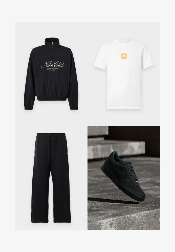 Čierny pulóver s dlhým rukávom a štvrťovým zipsom, elastické manžety a lem, s nápisom "Nike Club International" a logom Nike swoosh v béžovej farbe.; Biele krátke bavlnené tričko s krátkym rukávom s malým oranžovým štvorcom na hrudi s bielym logom Nike a známym znakem swoosh.; Čierne tepláky z jemného materiálu, s nastaviteľným pásom, širokým strihom a bočnými vreckami s hladkým povrchom.; Čierna teniska Nike Air Force 1 s detailmi z textilu a kože vznášajúca sa nad štruktúrovanými betónovými schodmi pri tlmenom osvetlení.