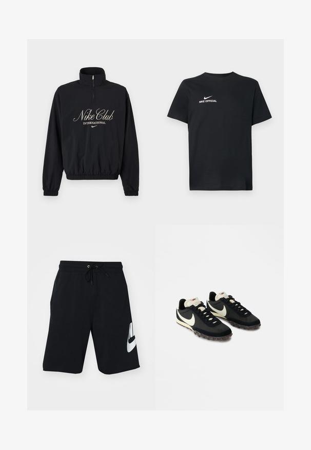Jersey negro de manga larga con cremallera de cuarto, puños y dobladillo elásticos, con texto "Nike Club International" y logo de Nike en beige.; Camiseta de algodón negra con escote redondo. Presenta un logo blanco de Nike y el texto "NIKE OFFICIAL" en el frente. Mangas cortas.; Pantalones cortos de algodón negro con cintura elástica y cordón, bolsillos laterales y gran logo blanco de Nike impreso en el muslo izquierdo. Diseño atlético clásico.; Zapatillas deportivas negras con una parte superior texturizada, logo de swoosh blanco y suela de goma con pequeñas puas para tracción. Cuello en color crema.