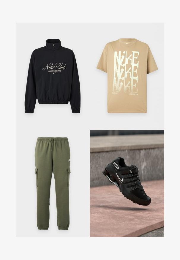 Čierny pulóver s dlhým rukávom a štvrťovým zipsom, elastické manžety a lem, s nápisom "Nike Club International" a logom Nike swoosh v béžovej farbe.; Béžové tričko Nike s krátkym rukávom s prekryvajúcim sa veľkým bielym nápisom "NIKE" a malými nápismi "NIKE INC." a "OREGON, USA" v spodnej časti.; Olivové cargo nohavice s elastickým pásom, šnúrkovým zapínaním, bočnými vreckami a značkovým logom na stehne. Hladká zmes bavlny.; Čierny bežecký topánok Nike Shox s bielym logom Swoosh, vo vzduchu nad ružovým betónovým povrchom na pozadí sivej kamennej steny.