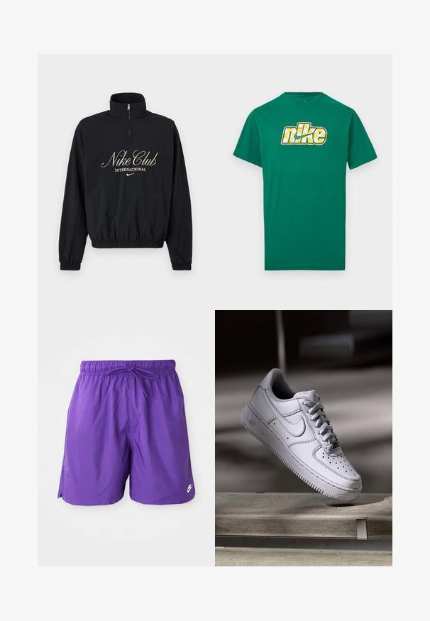 Jersey negro de manga larga con cremallera de cuarto, puños y dobladillo elásticos, con texto "Nike Club International" y logo de Nike en beige.; Camiseta verde de manga corta con el logo de Nike en cuadros amarillos y blancos centrado en el pecho sobre un fondo blanco.; Bañador morado con cintura elástica y cordón. Presenta aberturas laterales y un pequeño logo blanco en el dobladillo inferior. Textura suave.; Zapatilla Nike Air Force 1 de cuero blanco que presenta una puntera perforada, cordones planos y una suela de goma texturizada con la marca "AIR" en el lateral.