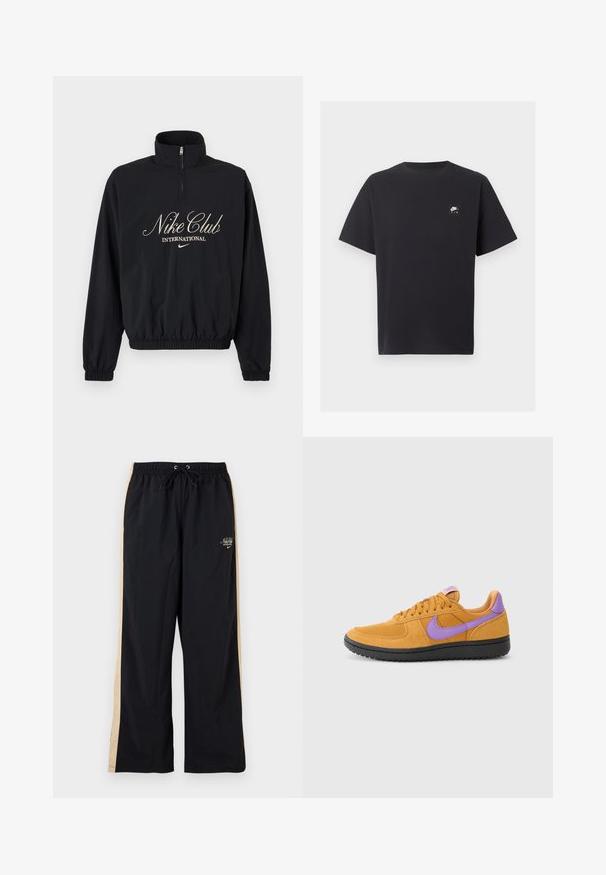 Must pikkade varrukatega poollukuga džemprikangas, elastsete mansettide ja äärega, millel on tekst "Nike Club International" ja Nike logoga beezis kirjas.; Mustad lühikeste varrukatega Nike Air T-särk ümmarguse kaelusega ja vasakul rinnal väikese valge logoga.; Mustad Nike dressipüksid beežide küljeribade, elastse vöökohaga, paelaga ja väikese valge logoga vasaku jala ülaosas.; Oranžid nahk-sneakerid lilla aktsentidega, millel on nööridega sulgemine, ümar varvas ja tekstuuriga must kummitald.
