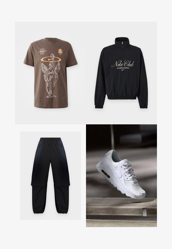 Čierny pulóver s dlhým rukávom a štvrťovým zipsom, elastické manžety a lem, s nápisom "Nike Club International" a logom Nike swoosh v béžovej farbe.; Hnedé bavlnené tričko s bielym kontúrovým grafickým znázornením krídlatej sochy, logom Nike a abstraktnými tvarmi v oranžovej farbe, s krátkymi rukávmi a okrúhlym výstrihom.; Čierne a tmavomodré pracovné nohavice s elastickým pásom a manžetami, s vreckami so zipsami na boku a vrstvami látky na stehnách.; Biele tenisky Nike Air Max 90 s vrchnou časťou z kože a sieťoviny, perforovanou špičkou a viditeľnou vzduchovou jednotkou v päte.