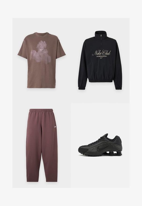 Čierny pulóver s dlhým rukávom a štvrťovým zipsom, elastické manžety a lem, s nápisom "Nike Club International" a logom Nike swoosh v béžovej farbe.; Hnedé bavlnené tričko s voľným strihom, s bielym logom Nike a dizajnom oblakov v odtieňoch svetloružovej na prednej strane.; Voľné tmavo purpurové teplákové nohavice s elastickým pásom a malým bielym logom Nike Swoosh na hornej stehne.; Čierne bežecké topánky s hladkým syntetickým zvrškom, perforovanými akcentmi, textúrovanými bočnými panelmi a výraznou pružnou podrážkou.