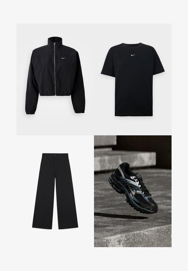 Chaqueta negra corta hecha de material ligero, con un cuello alto, cremallera completa y puños elásticos; incluye un pequeño logo blanco en el pecho.; Camiseta de algodón negra con cuello redondo y mangas cortas. Cuenta con un pequeño logo blanco de Nike centrado en el pecho. Textura suave.; Pantalones anchos negros hechos de una suave tela tejida. Presentan pliegues marcados, trabillas para el cinturón y un acabado limpio y ajustado.; Zapatilla de running Nike negra y plateada flotando sobre escalones de hormigón, mostrando diseño detallado y suela texturizada en un entorno exterior.