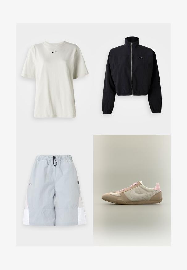 Chaqueta negra corta hecha de material ligero, con un cuello alto, cremallera completa y puños elásticos; incluye un pequeño logo blanco en el pecho.; Camiseta de algodón blanca con cuello redondo y mangas cortas. Presenta un pequeño logotipo negro de Nike en el pecho. Diseño sencillo y sin adornos.; Pantalones cortos deportivos de color gris claro con paneles laterales blancos, cinturilla elástica y cordón negro, mostrados sobre un fondo liso.; Zapatilla de perfil bajo en beige y blanco con cordones rosas y detalle en el talón, mostrando el logo de Nike en el lateral sobre un fondo liso.