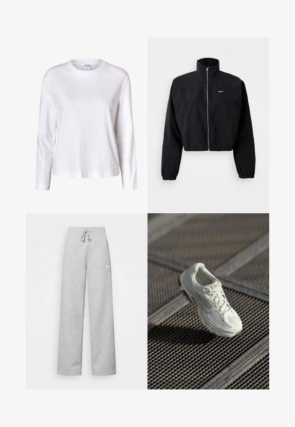 Chaqueta negra corta hecha de material ligero, con un cuello alto, cremallera completa y puños elásticos; incluye un pequeño logo blanco en el pecho.; Camisa blanca lisa de mujer con mangas largas, cuello redondo, bajo recto y sin patrones ni logos visibles.; Pantalones de chándal grises con cintura elástica, detalle de cordón y un pequeño logo blanco de Nike en el muslo izquierdo. Tejido suave, de corte holgado.; Zapatilla de running blanca de Nike con parte superior de malla y sintético, descansando sobre un suelo de rejilla metálica con luz natural suave.