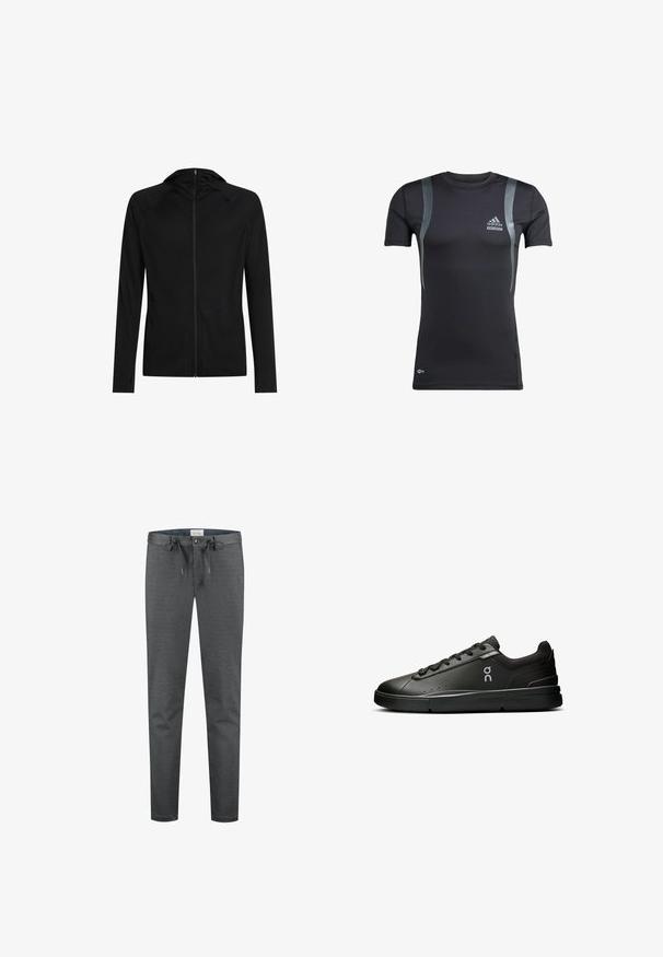 Sort slim-fit hættejakke med lange ærmer og lynlåslukning foran.; Sort kortærmet træningsskjorte med grå detaljer, lavet af elastisk stof. Har et Adidas-logo på venstre bryst og Techfit-branding.; Grå, strækbare bukser med en glat tekstur, snøre i taljen og en knaplukning. Har et slim-fit design og minimale synlige sømme.; On THE ROGER ADVANTAGE - Sneakers - black black