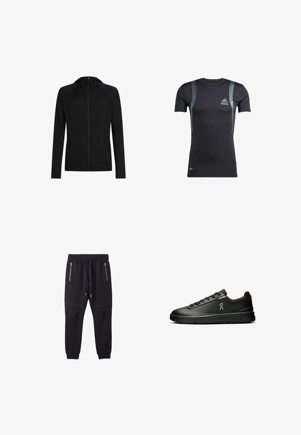 Chaqueta negra ajustada con capucha, mangas largas y cierre de cremallera frontal.; Camiseta deportiva negra de manga corta con detalles en gris, hecha de una tela elástica. Presenta un logo de Adidas en el lado izquierdo del pecho y la marca Techfit.; Pantalones jogger negros con cintura elástica, cordón, bolsillos con cremallera, detalles acanalados en las rodillas y puños en los tobillos.; On THE ROGER ADVANTAGE - Zapatillas - black black