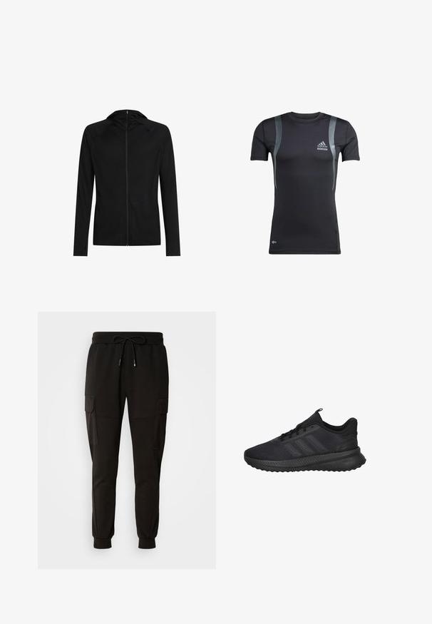 Chaqueta negra ajustada con capucha, mangas largas y cierre de cremallera frontal.; Camiseta deportiva negra de manga corta con detalles en gris, hecha de una tela elástica. Presenta un logo de Adidas en el lado izquierdo del pecho y la marca Techfit.; Pantalones de chándal negros con cintura elástica y cordón. Presenta bolsillos tipo cargo a los lados y puños elásticos en los tobillos.; Zapatilla deportiva negra con suela texturizada, tres franjas laterales, cierre con cordones y cuello acolchado en el talón, mostrada en perfil lateral.