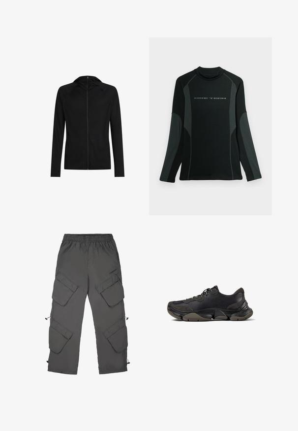 Chaqueta negra ajustada con capucha, mangas largas y cierre de cremallera frontal.; Camisa negra de manga larga con cuello alto, hecha de una tela texturizada. Presenta paneles laterales grises y el logo "NIKE TECH" en el pecho.; Pantalones cargo en tela gris oscuro con cintura elástica, múltiples bolsillos cargo, bajos con cordón y una textura suave.; Zapatilla deportiva negra con suela texturizada, parte superior de cuero y gamuza, cuello acolchado y cierre con cordones, mostrada en perfil lateral.