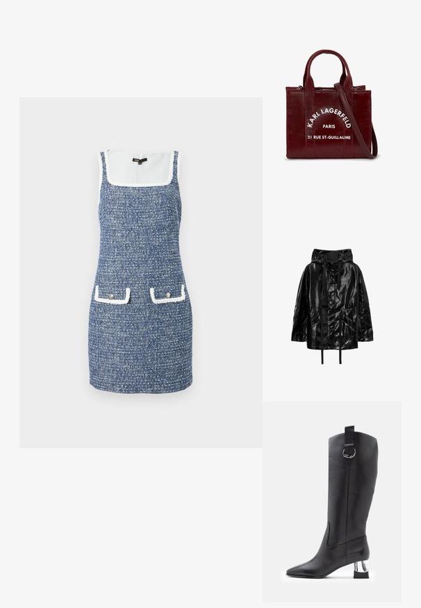 Veste noire, brillante et imperméable avec capuche, dotée de cordons de serrage et de deux poches avant, avec une coupe décontractée et une texture lisse.; Robe en tweed bleu sans manches avec bordure blanche, encolure carrée et deux poches à rabat avant avec boutons.; Botte en cuir noir haute jusqu'au genou avec un bout pointu et un talon en bloc chromé. Équipée d'une sangle avec un accent en métal circulaire en haut.; Sac à main en cuir bordeaux avec deux poignées supérieures et une bandoulière amovible. Présente un texte blanc : "KARL LAGERFELD PARIS 21 RUE ST-GUILLAUME."