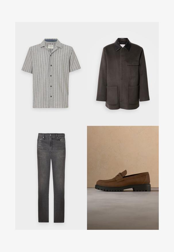 Donkergrijze jas van een wolmengeling, met een zwarte kraag van imitatieleer, twee zakken aan de voorkant en een borstzak.; Korte mouw shirt in lichtgrijs met witte verticale strepen. Heeft een knopenlijst aan de voorkant en een klassieke kraag. Gemaakt van lichtgewicht stof.; Donkergrijze denim jeans met een rechte pijp, vijf zakken, metalen knoopsluiting en een licht versleten afwerking van de stof.; Donkerbruine leren loafer met dikke zwarte rubberen zool, getoond boven een beige tapijt en bankachtergrond.