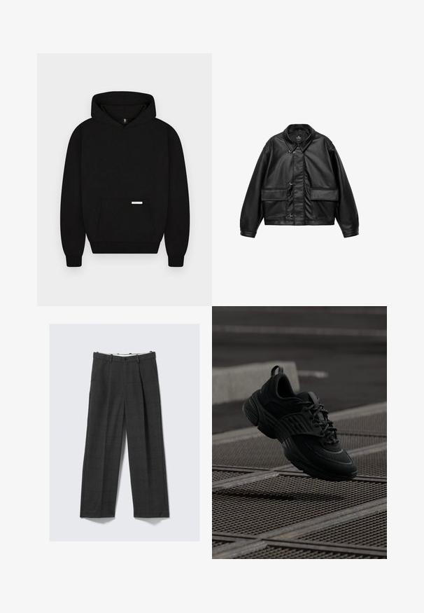 Veste noire en similicuir avec poches à rabat, poignets réglables et trois fermetures à bascule en métal sur le devant.; Sweat à capuche noir avec poche kangourou devant et petite étiquette rectangulaire sur la poche, présenté sur un fond clair uni.; Pantalons larges, gris foncé, avec un motif à carreaux, confectionnés dans un tissu texturé. Dotés d'une fermeture à bouton et de deux poches latérales.; Baskets de sport noires avec une tige en mesh texturé et une semelle en caoutchouc, présentant une silhouette épaisse et un système de laçage pour un maintien sécurisé.