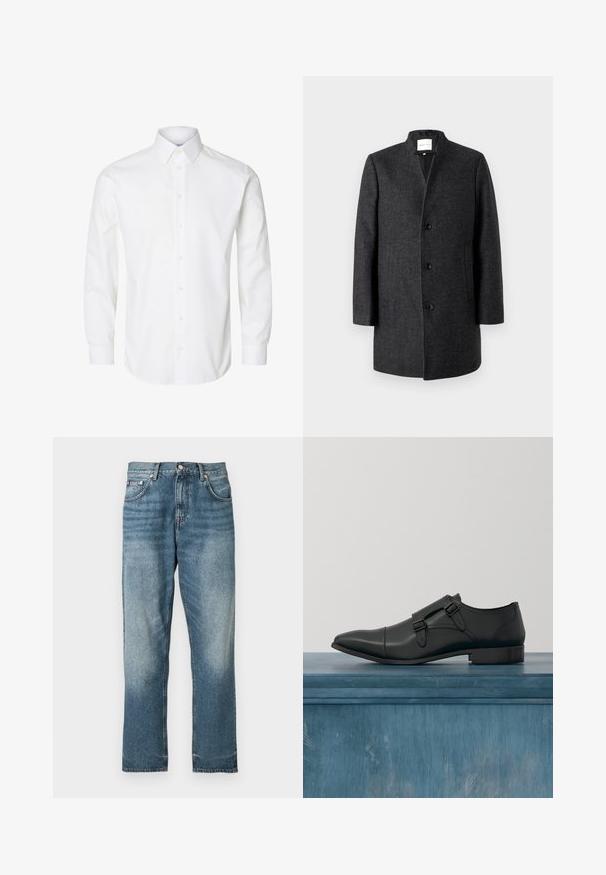 TOM TAILOR DENIM Pitkä takki - grey; Valkoinen pitkähihainen nappipaita, jossa on terävä kaulukset, näkyvät napit edessä ja napitetut kalvosimet.; Sinimuotoiset korkeavyötäröiset suorat farkut, jossa edessä nappikiinnitys ja taskut. Farkkujen pinta on vaaleasti kulunut reiden ja polvien kohdalla.; Musta nahkainen kaksoismunkki-mokkanen jalkine leijuu vaalean halkeillut lattiapinnan ylle, taustalla epätarkkoja kasveja ja aaltopeltiseinää.