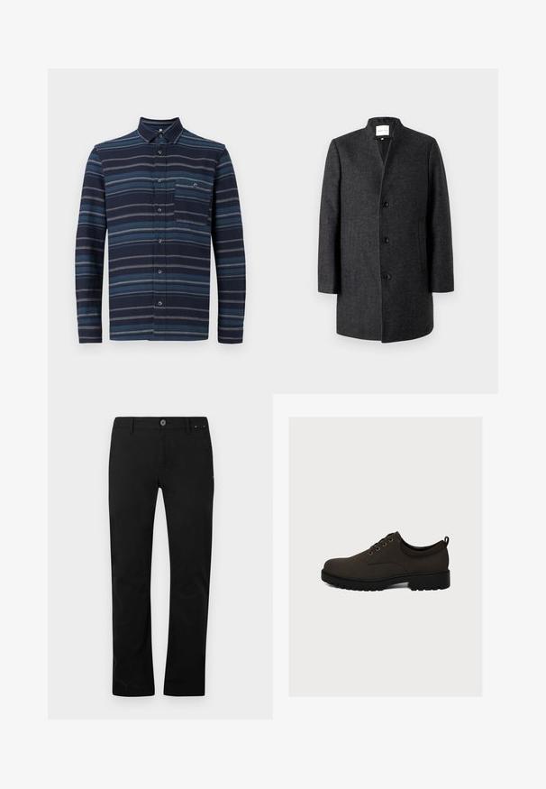 TOM TAILOR DENIM Korte frakker - grey; Langærmet skjorte med knapper, der har en marineblå baggrund med varierende blå vandrette striber, en krave og en brystlomme. Blød tekstur.; Sorte lige bukser med knap- og lynlåslukning, bæltestropper og sidelommer, præsenteret på en hvid baggrund.; Mørkebrunt læder snørestøvle med sort kraftig sål og trækstrop ved hælen, vist i profil på en ensfarvet lys baggrund.