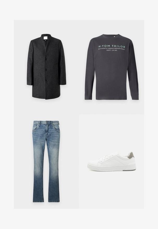 TOM TAILOR DENIM Krátky kabát - grey; TOM TAILOR PRINTED - Top s dlhým rukávom - tarmac grey; Svetlomodré denimové zvonové džínsy s gradientovým praním, dizajn s piatimi vreckami, kovové zapínanie na gombík a viditeľné švy pozdĺž švov.; Biele tenisky z hladkej koženej tkaniny, zaoblenou špičkou, minimalistickým dizajnom, sivým akcentom na päte a textúrovanou gumovou podrážkou.