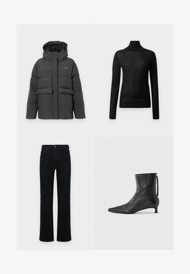 Schwarze gepolsterte Winterjacke mit Kapuze, vorderen Taschenklappen und durchgehendem Reißverschluss, vor einem schlichten weißen Hintergrund präsentiert.; Schwarzes Langarm-Turtleneck-Oberteil aus leichtem Stoff, mit taillierter Passform und minimalen Nahtdetails, ideal zum Lagenlook.; Schwarze Jeans aus Denim mit hoher Taille, geradem Bein, fünf Taschen und einem Knopfverschluss vorne. Glatte Textur, minimale Details.; Schwarzer Leder-Stiefelette mit spitz zulaufender Spitze, strukturierter Form und niedrigem Absatz. Verfügt über einen Seitenreißverschluss und ein minimalistisches Design.