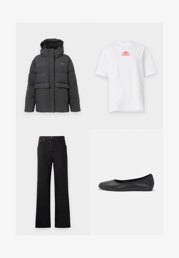 Veste d'hiver noire matelassée avec capuche, poches avant à rabat et fermeture éclair intégrale, présentée sur un fond blanc uni.; T-shirt blanc à manches courtes avec texte rouge "C'EST MIEUX À STIEGLITZ" centré près de la partie supérieure de la poitrine.; Jean en denim noir taille haute avec une jambe évasée, présentant des coutures visibles, un design à cinq poches et des accents en métal cuivré.; Ballerines en cuir noir avec un bout rond, texture lisse, détails de couture minimalistes et design de semelle flexible.