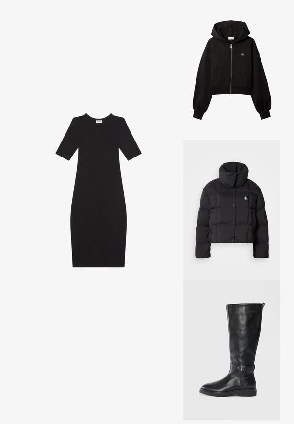 Schwarze Pufferjacke mit einem cropped Design, hohem Kragen und Knopfverschluss. Hergestellt aus glänzendem, isoliertem Material mit gesteppte Abschnitten.; Schwarzer, kurz geschnittener Kapuzenpullover mit Reißverschluss, Fronttaschen, lockerer Passform, elastischen Bündchen und kleinem Calvin Klein-Logo auf der Brust.; Schwarzes, knielanges, figurbetontes Kleid mit kurzen Ärmeln und rundem Ausschnitt, mit einem kleinen Logodetail auf der Brust.; Schwarze Lederkniehohe Stiefel mit niedrigem Absatz, runder Spitze und metallischem "CK"-Logo-Riemen um den Knöchel.