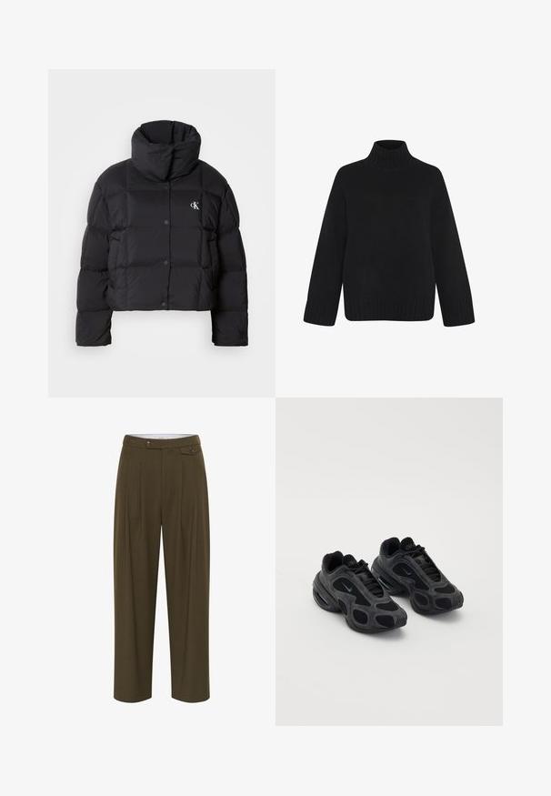 Schwarze Pufferjacke mit einem cropped Design, hohem Kragen und Knopfverschluss. Hergestellt aus glänzendem, isoliertem Material mit gesteppte Abschnitten.; Schwarzer Strickpullover mit hohem Rollkragen, überschnittenen Schultern sowie gerippten Bündchen und Saum. Weiche Textur und oversized Silhouette.; Olivgrüne, hoch taillierte Hose mit Falten, geradem Bein, zwei Vordertaschen und Knopfverschlüssen zum Schließen.; Schwarze Nike-Sneaker mit Mesh- und Wildlederpaneelen, einzigartigen Ausschnitten und gepolsterten Kragen. Glänzende Akzente an den Seiten betonen ein modernes Design.