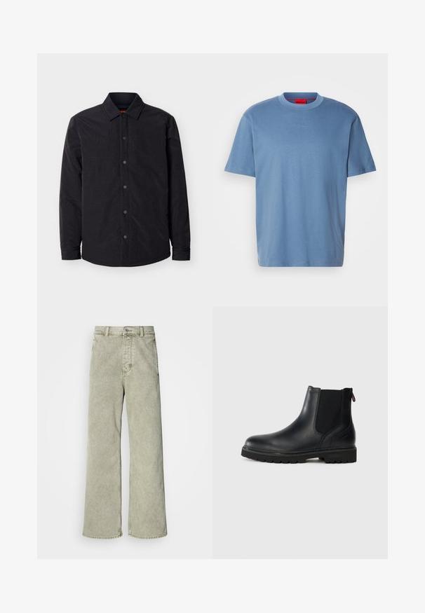 Sort langærmet skjortejakke med trykknapper, spids krave og let buet kant mod en lys baggrund.; Lyseblå bomulds T-shirt med korte ærmer, rund halsudskæring og præget "HUGO" logo på forsiden. Glat tekstur og afslappet pasform.; Lys grøn brede jeans med høj talje, lavet af denim, med knaplukning og klassisk fem-lommer design.; Sorte læder ankelstøvler med elastiske sidepaneler, rund tå og en robust gummisål med dybe riller for bedre greb.
