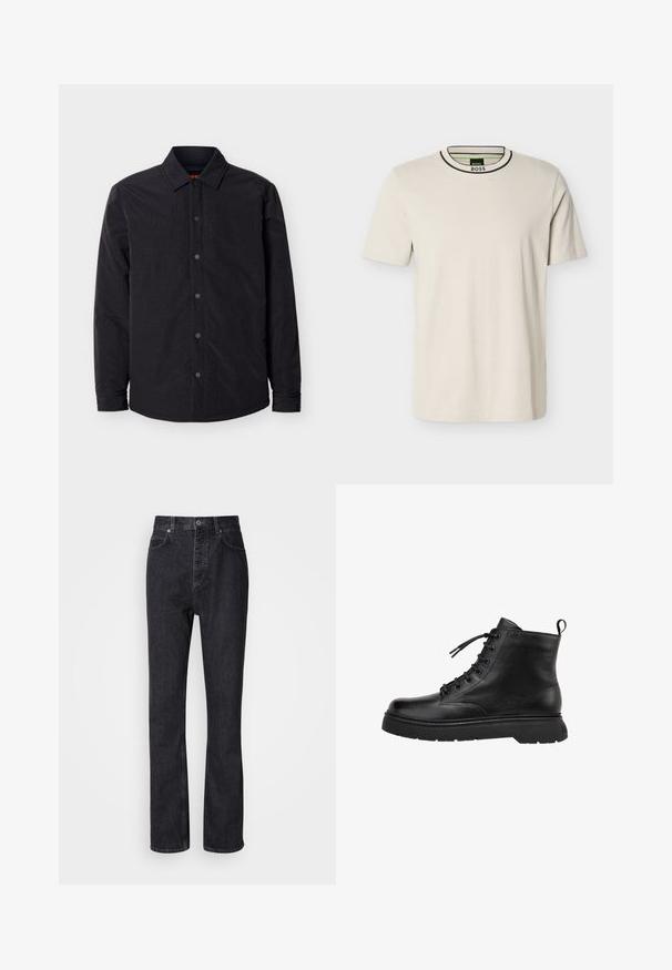 Veste-chemise noire à manches longues avec fermeture à boutons-pression, col pointu et ourlet légèrement incurvé sur un fond clair.; T-shirt crème à manches courtes en coton, doté d'un col rond avec un liseré noir et d'une étiquette de marque verte à l'intérieur du col.; Jean en denim noir taille haute avec fermeture à bouton et à glissière, poches avant et arrière, et coupe droite.; Botte cheville en cuir noir avec une finition lisse, bout rond et laçage à l'avant. Elle dispose d'une semelle en caoutchouc épaisse et d'un passant à l'arrière.