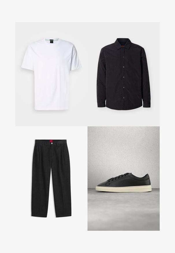 Schwarze langärmelige Hemdjacke mit Druckknopfverschluss, spitzem Kragen und leicht geschwungenem Saum vor hellem Hintergrund.; Weißes Baumwoll-T-Shirt mit Rundhalsausschnitt und kurzen Ärmeln. Verfügt über ein dezentes Logo, das in heller Farbe auf der Vorderseite gedruckt ist. Klassische Passform.; Schwarze Hose mit hoher Taille, vorderen Falten, Gürtelschlaufen, Knopf- und Reißverschluss sowie einem roten Etikett innen am Bund.; Schwarze Ledersneaker mit rundlicher Spitze, flachen Schnürsenkeln und einer cremefarbenen Gummisohle, versehen mit dezentem Branding und glatter Textur.