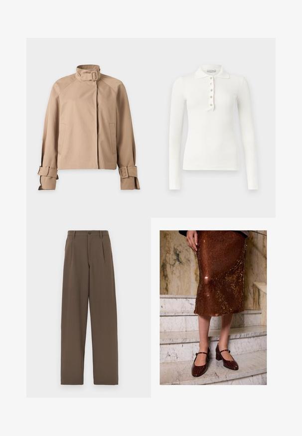 Beige jas met een hoge kraag en gesp, lange mouwen met gespbanden en twee voorzakken, weergegeven op een witte achtergrond.; Witte ribgebreide poloshirt met lange mouwen, vijf knopen en een omgeslagen kraag op een effen achtergrond.; Bruine wijde broek van gladde stof, met dubbele plooien, een enkele knoopsluiting en standaard zakken.; Vrouw in een bruine pailletten midi-rok en donkere bruine crococodillen-huid Mary Jane hakken, staand op marmeren trappen.