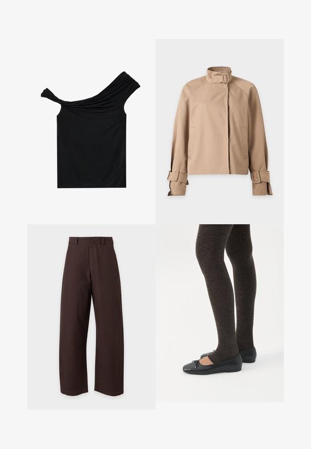 Beige jas met een hoge kraag en gesp, lange mouwen met gespbanden en twee voorzakken, weergegeven op een witte achtergrond.; Zwarte off-shoulder top van een zachte stof. Heeft gedraaide details bij de halslijn en een strakke pasvorm.; Bruine rechte broek met riemlussen en voorsluiting, weergegeven tegen een effen witte achtergrond.; Benen met donkere geribbelde leggings gecombineerd met zwarte ballerina's met kleine strikdetails op een witte achtergrond.