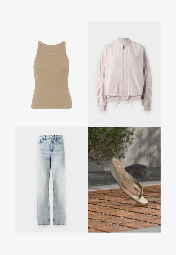 Lyserød bomberjakke med lynlås foran, elastiske manchetter, to frontlommer og snore til kanten. Glat tekstur med samlede ærmedetaljer.; Beige ribbet t-shirt med rund halsudskæring, ærmeløs design og et lille præget logo midt foran. Blød stoftekstur.; Lyseblå højtaljede jeans i denim. Lige bendesign med subtil falming, fem lommer og lukning med metalknap.; Beige læder tåsandal med BOSS-logo på indersålen, svævende over en terrasse med trælameller og små sten imellem.
